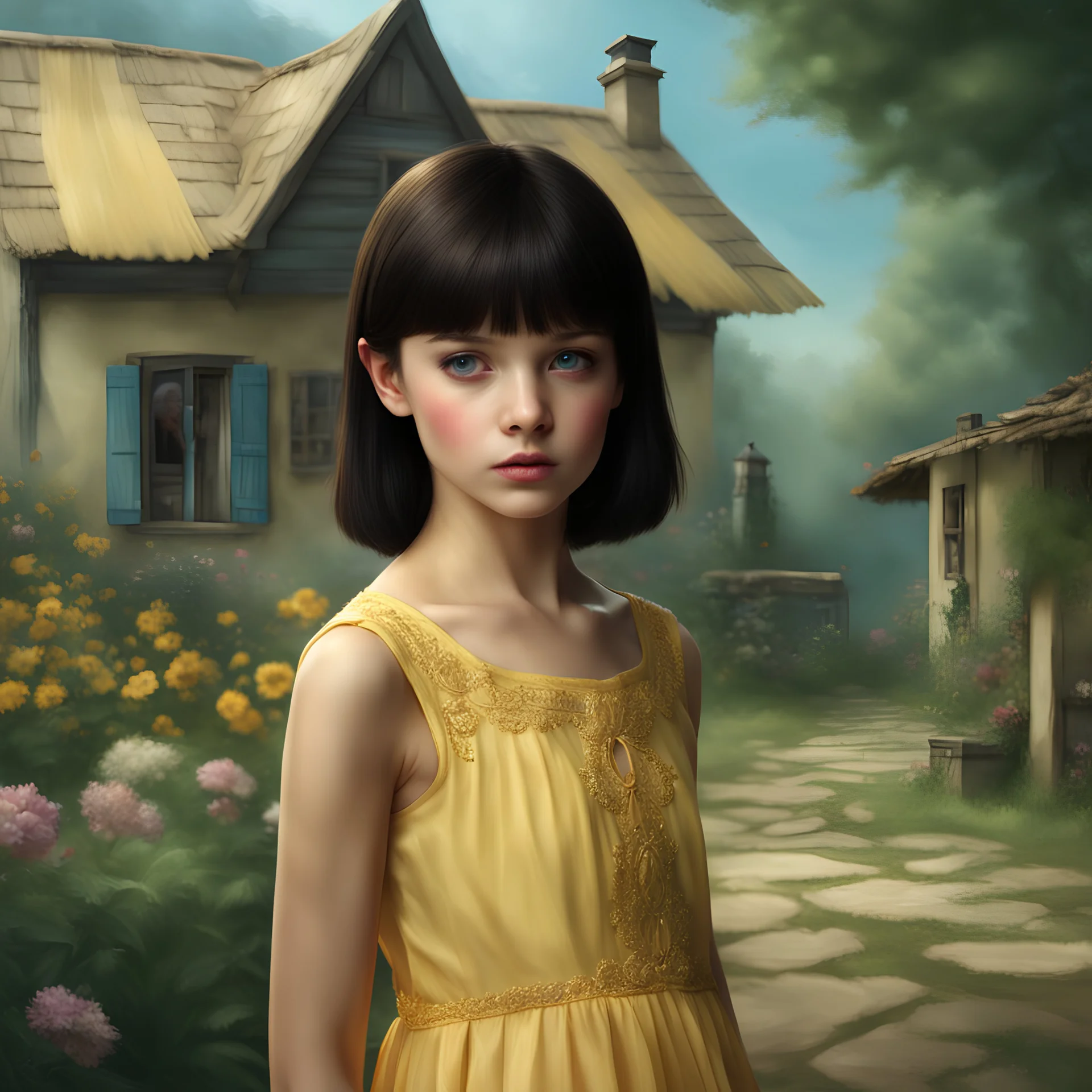 thin 12 year old girl with very short dark hair, blue eyes, wearing a pretty yellow summer dress, outside a small house , photorealistic, dark fantasy