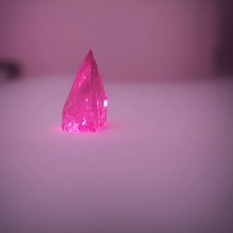 single pink crystal, on an altar in a foggy cave