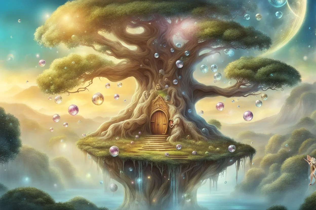 story book stunning fantasy picture of ancient Tree Ent, little Fairies around floating, shiny bubbles, nice european pale colors fairies, detalied, masterpiece,random background , epic, fantasy style, movie characters, fantasy atmosphere