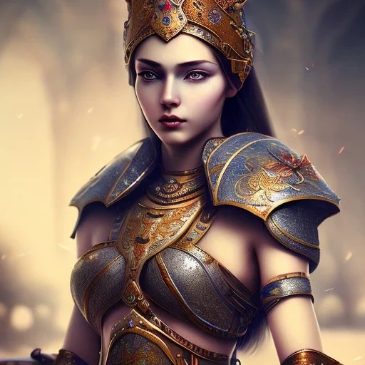 portrait of a warrior with ottoman beautiful girl themed armour, extremely detailed, UHD, 8k,The close-up camera effect,sharp focus, perfect position,hyperphotorealistic, unreal engine 5, octane render