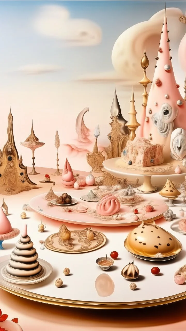 A pale pink carnival with cookies and cakes painted by Salvador Dali