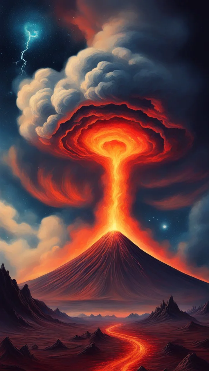 Back in time through a volcano,a time Machine in the parallel universe among the galaxies and the stars a big clouds of gas covering the sky from a distance Busch painting style nightmare
