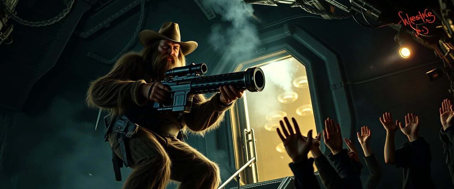 movie poster, portrait interview cowboy Abominable Yeti climbing outside space ship in cave holding huge mounted chain gun, motion blur, smoke and steam flashlights, prisoners with hands up