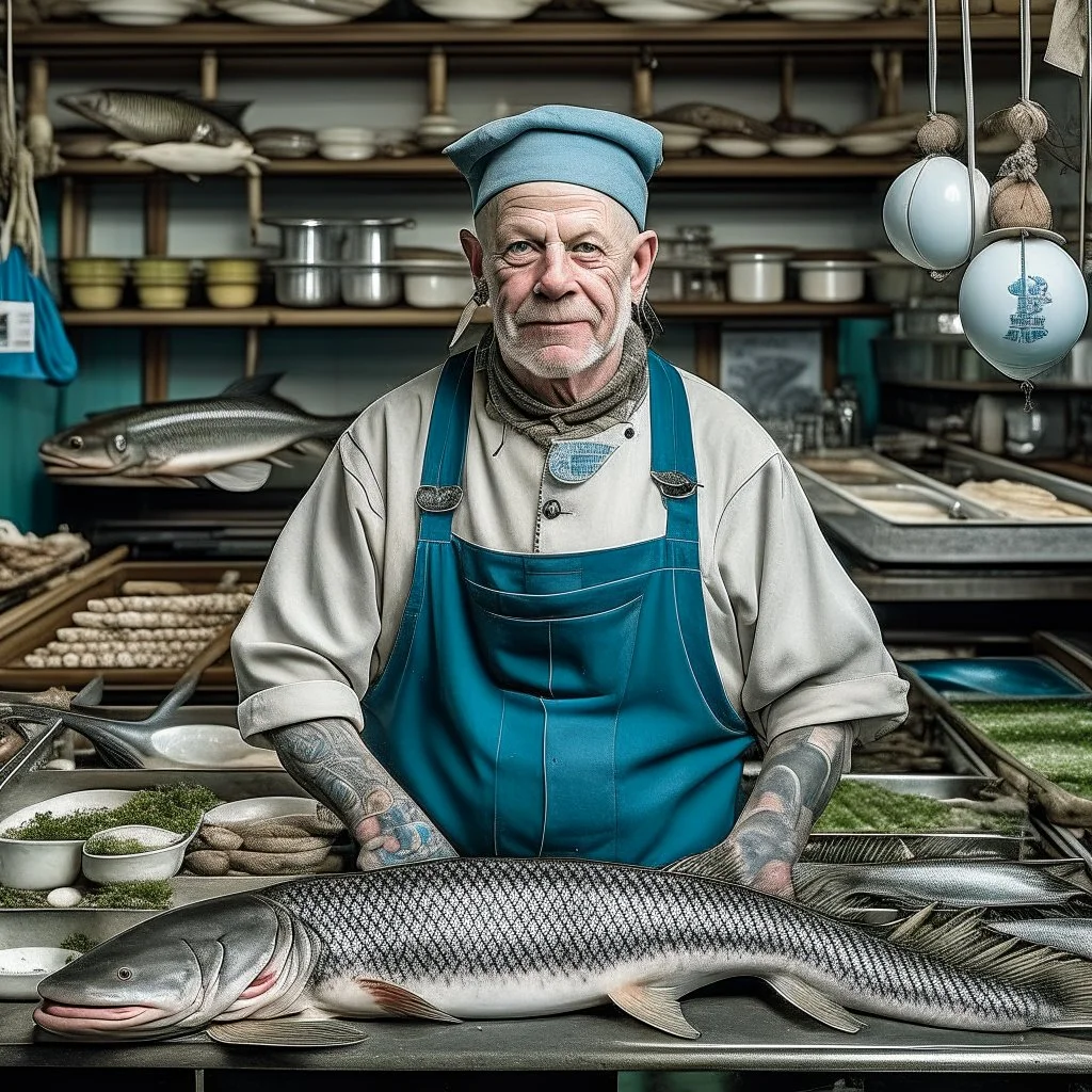 large pale Fishmonger with Sharkteeth and Tattoos