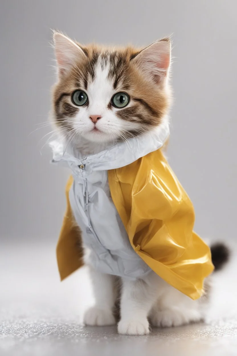 baby cat in raincoat. Chibi, Photograph, Canon DSLR, Tilt - shift, white background, high definition, Complete and coordinated composition, 8k