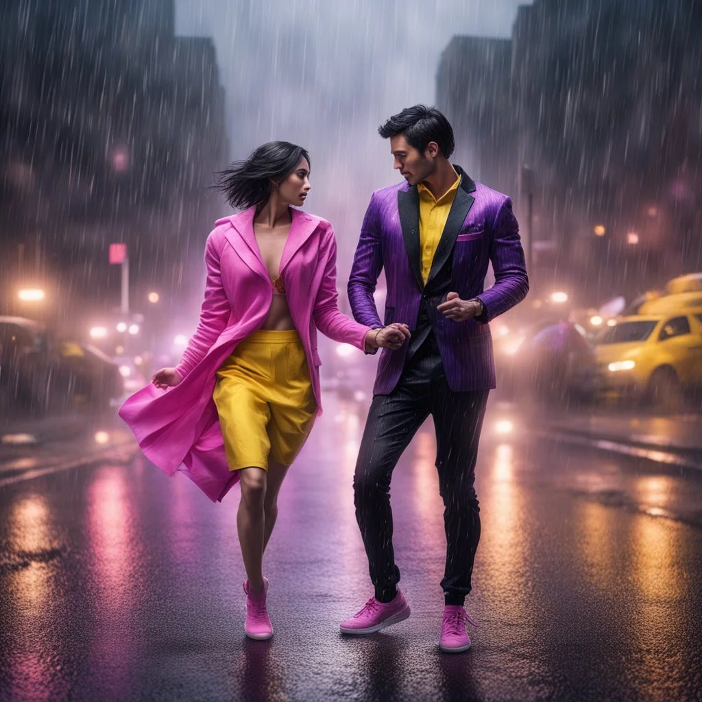 Hyper Realistic handsome-muscular-man-with-short-black-hair wearing yellow-&-black-tuxedo dancing with a beautiful-woman wearing pink-&-purple-hoodie at heavy-rainfall-night with dramatic-&-cinematic-ambiance on an empty road