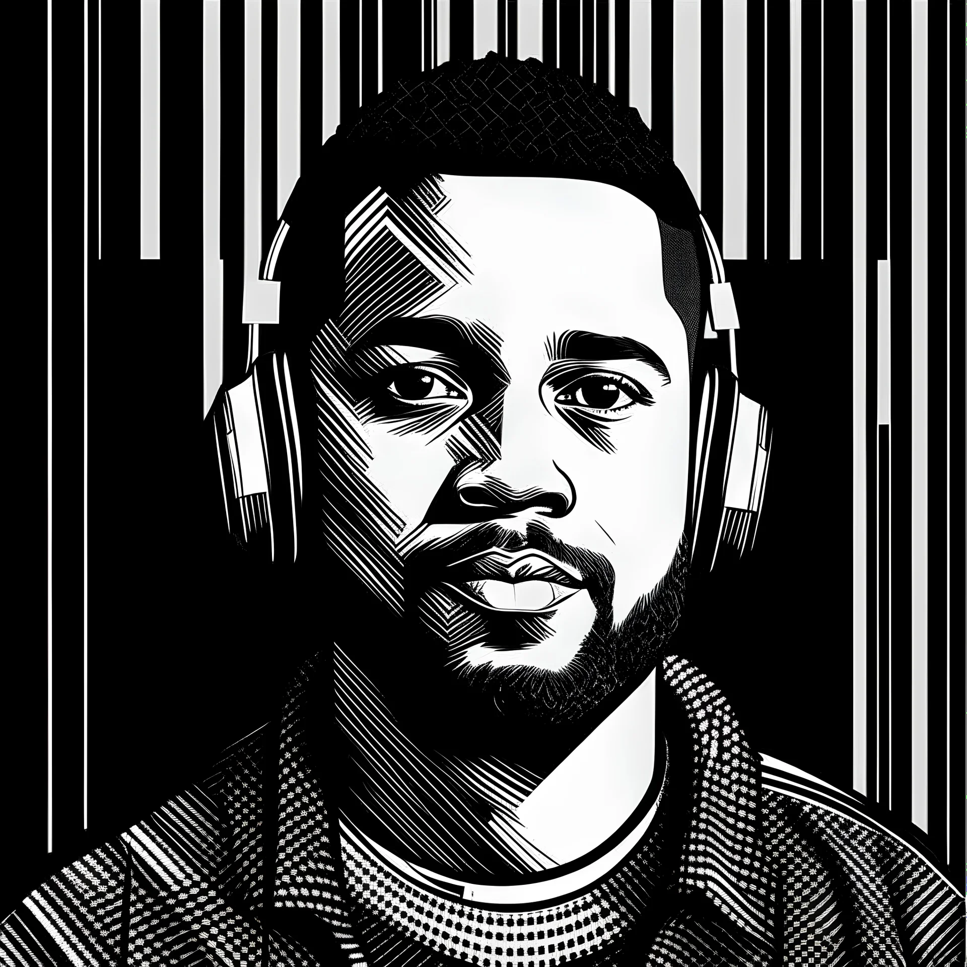 black and white block print portrait podcast cover