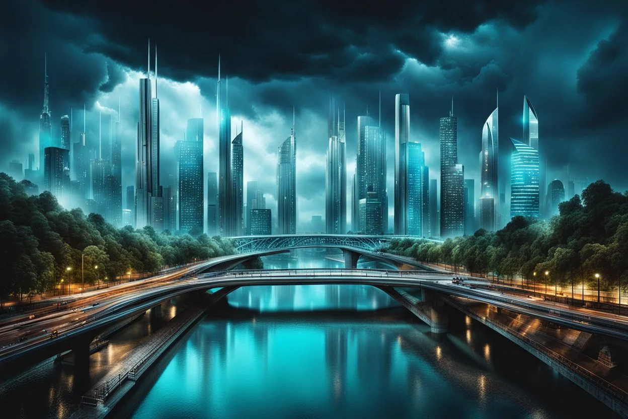 Dreamlike Skyline of Downtown futuristic hightech city in 4050 and a stunning futuristic Bridge During. dark sky, grey and black clouds , storm, dark azur-blue river, cold colors, come storm, rain, high detalied, sci-fi, landscape