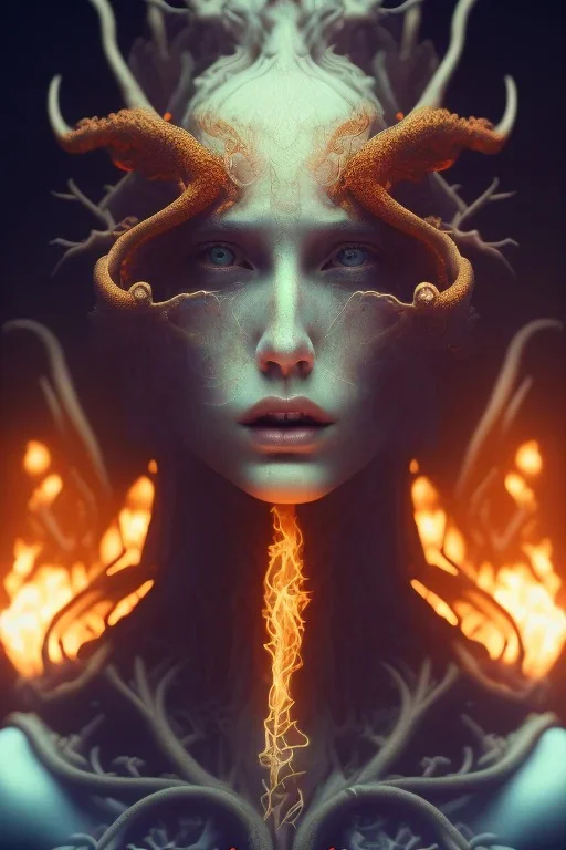 portrait photography of an ethereal beautiful animal goddess, Fire theme art, Dark moody night atmosphere, Portrait of a man by Michelangelo, 8K, close-up face, anatomically perfect face, oak tree roots, ignore NSFW