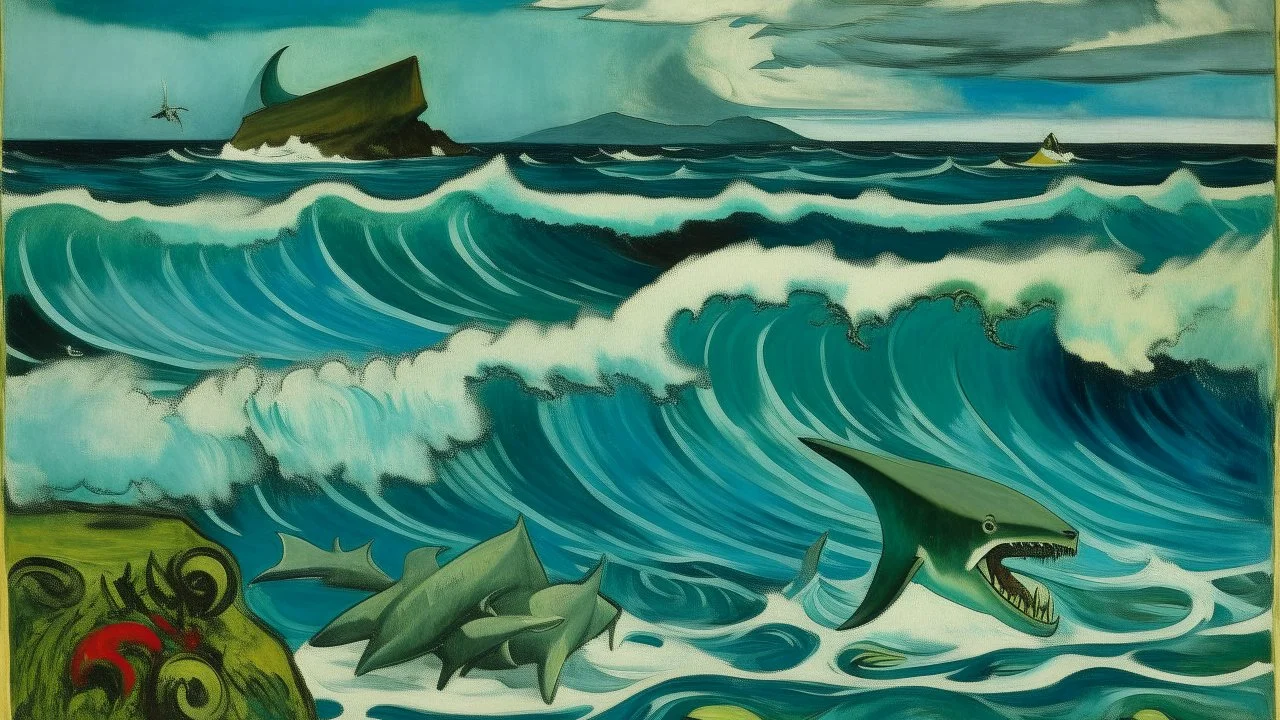 A grayish blue island with raging waves and sharks painted by Paul Gauguin