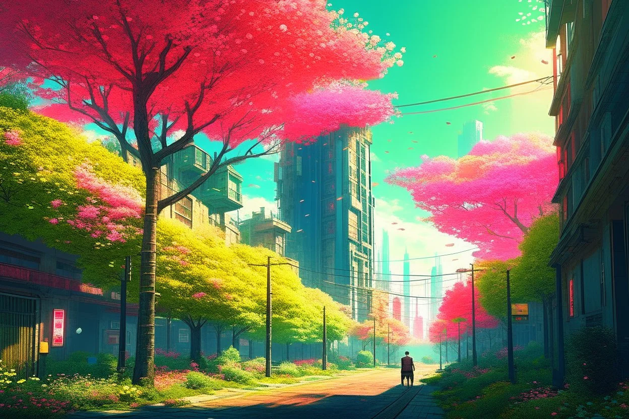 city, flowers, trees, sunny day, spring, sci-fi, cyberpunk influence