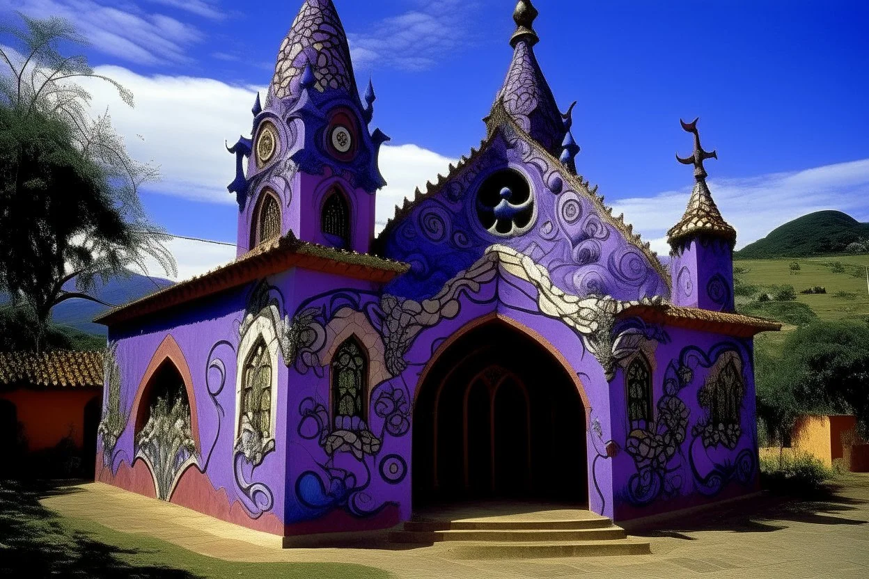 A violet ominous church with imps designed in Oaxacan alebrijes painted by Salvador Dali