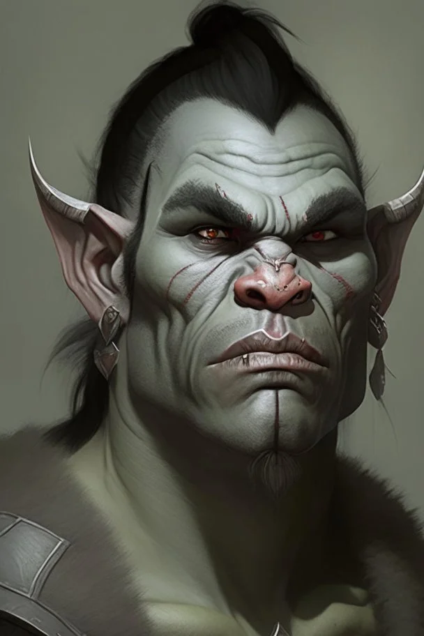 Portrait of an half-orc, grey skin, two large lower tusks, proud look, short dark hair