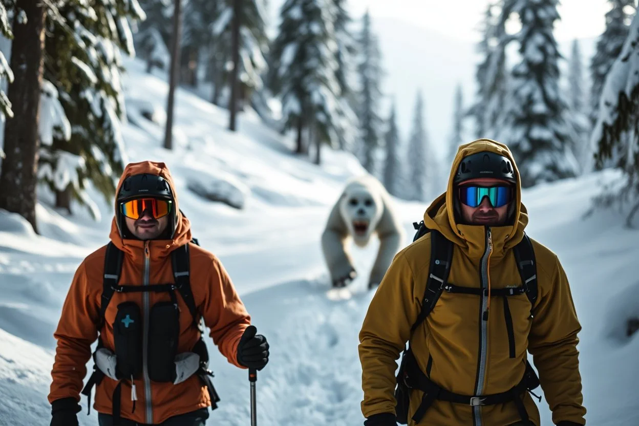 picture of two snowshoers in a Alpine forest, serious, far behind the snowshoers in background is a Yeti monster walking, photobomb, photoreal HD quality, everything in sharp focus, depth of field