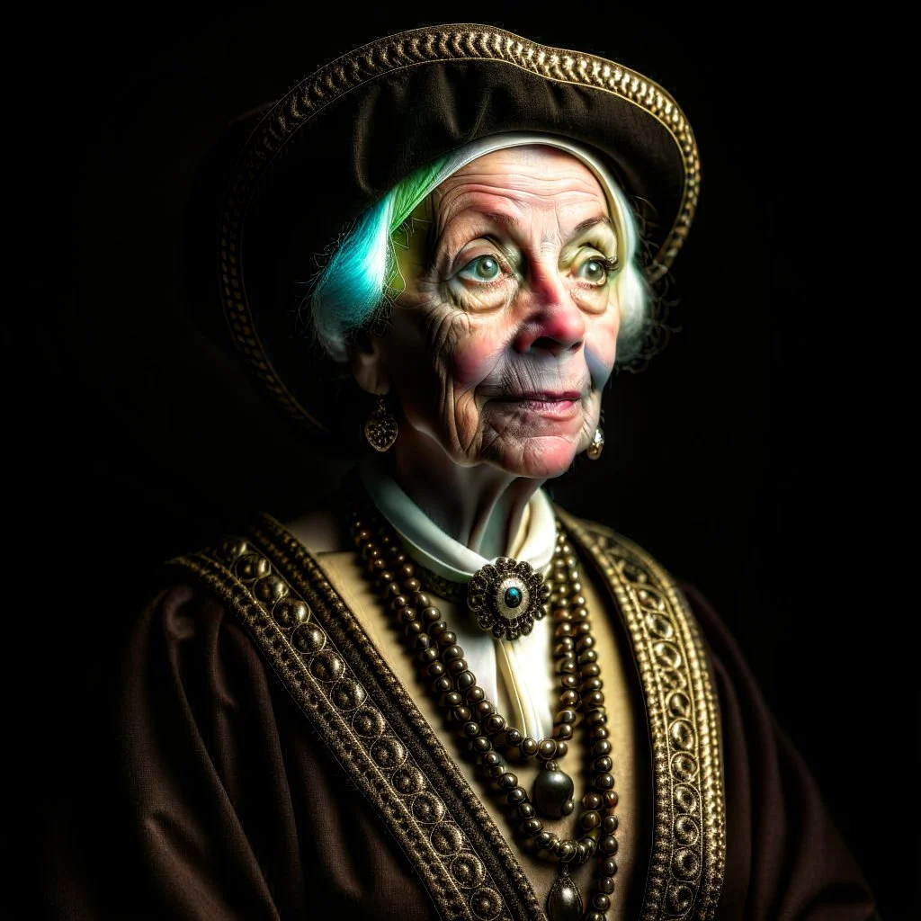 A portrait of an elderly british aristocrat woman from XV century in strict expensive clothes