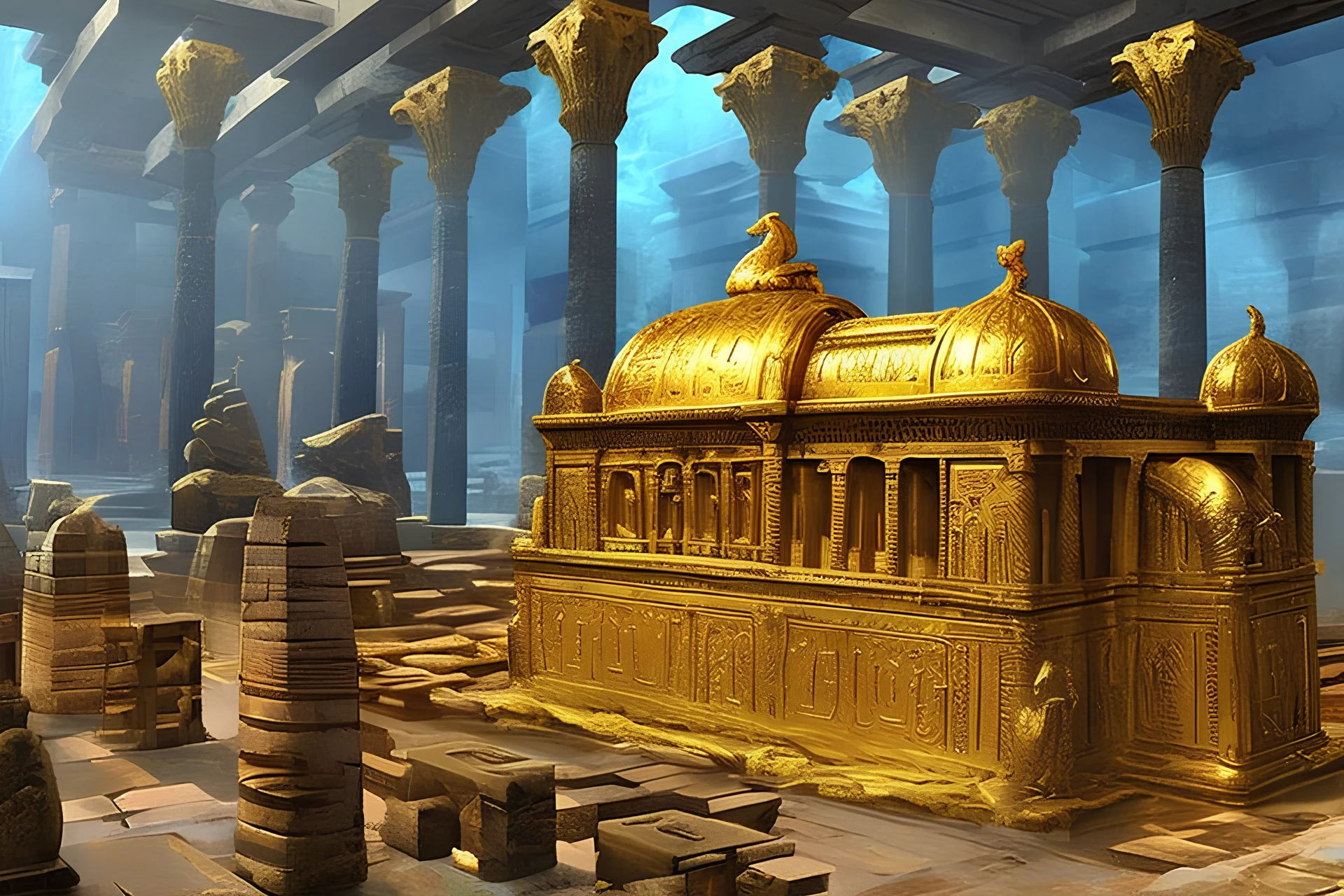 Tombs of kings of ancient civilization, many golden objects. pomp A huge splendor is the ancient Tomb of Kings in the depths of the earthTemple of the goddess Venus, where Amazon women guard the magnificent huge hall, some armed.