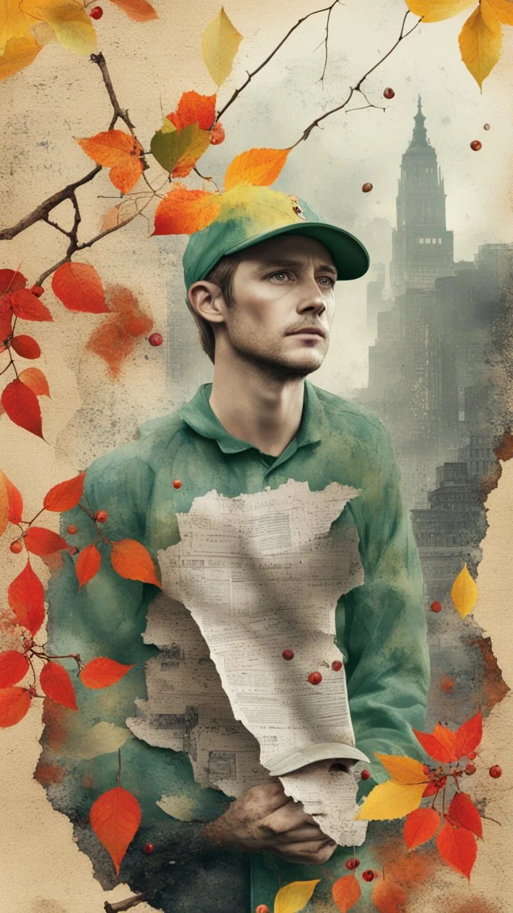 background old, cracks, yellow, torn canvas, gouache, double exposure, man, baseball cap, 40 years old, fine drawing, blots, newspaper scraps, leaves, green, autumn, city, branches, red rowan berries, 8K, double exposure