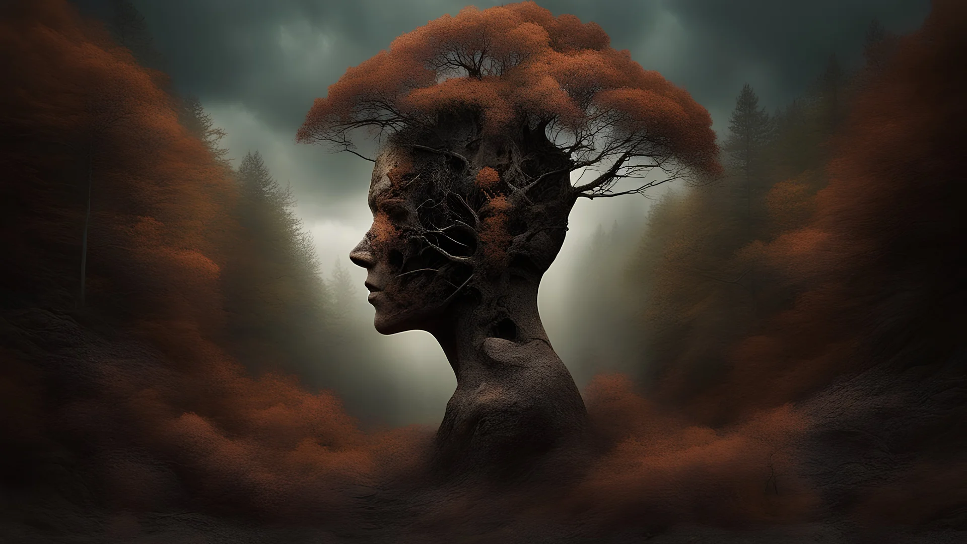 Skin bones stone face, dystopian environment, a forest can be seen through a hole in the side of the head, cracks and peeling in the face, a brain from another time, a divided mind, a portal to the distant future. Deep contrasting colors. Surrealism and abstraction by Kerry Uelsmann