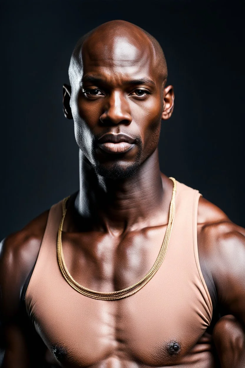 Portrait of a Tall handsome dark skinned and muscular african man with a bald head and neatly trimmed beard