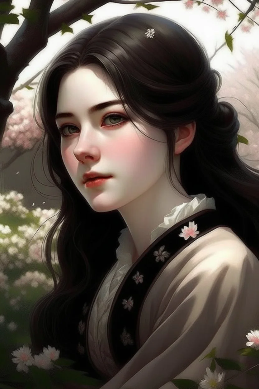 Beautiful Girl in the garden, 18 century, brunette, literally dark hair, dark eyes, fat, smell of sakura, rest, detailed face, england