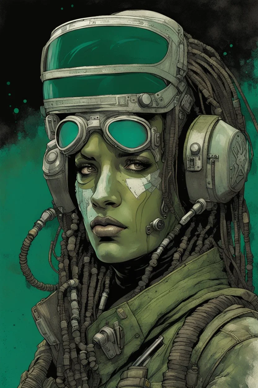 front facing full length portrait illustration of a grunge armored female with beaded dreadlock hair cyberpunk vampire interstellar mercenary with gas mask, telecommunications headset, and shemagh, highly detailed with gritty post apocalyptic textures, toxic irradiated landscape, finely detailed facial features and hair, in the graphic novel style of Bill Sienkiewicz, and Jean Giraud Moebius, ink wash and watercolor with realistic light and shadow