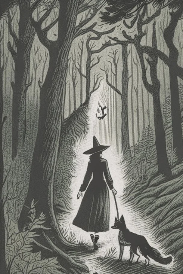 in the style of a Henry Justice Ford drawing, a witch walks through a forest, she is followed by a dog