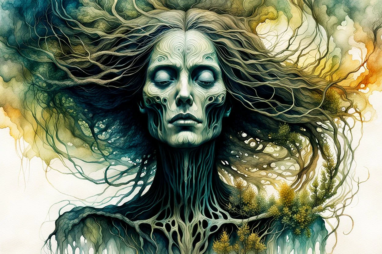 Zdzislaw Beksinski, and Peter Gric style ink wash and watercolor, full body illustration of a transcendent woman , highly detailed facial features, mixed to anatomical body view, visible plant like skeletal structure, wildly flowing hair, 8k octane, all in focus, clean face, no grain, ethereal, otherworldly, Mother Nature concept art in vibrant natural autumnal colors