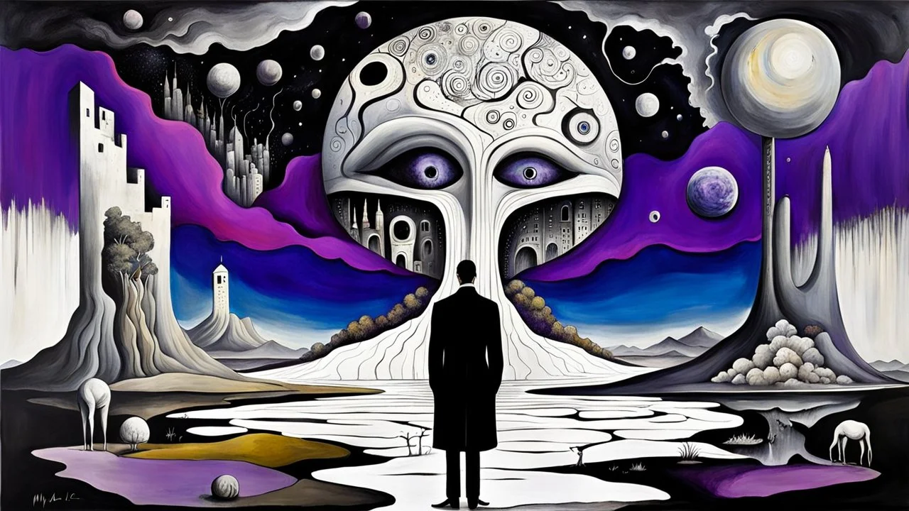 painted inner world with uncontrolled mind and soul, in midle on floating island with a big head statue, over surreal cracked painted weird empty land . some black doors stand on earth. just dark purple, gray, black, white, brown color. Whimsical style of Chagall , of Minjae Lee and of René Magritte. No humans, broken, weird absurd beauty nightmare, in background big neuron network and stars , surreal vibe