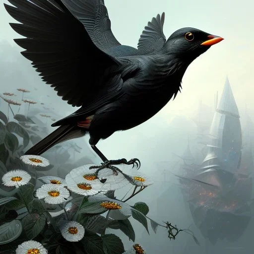 blackbird, black flowers, black and white, intricate, highly detailed, digital painting, artstation, concept art, smooth, sharp focus, illustration, art by greg rutkowski and alphonse mucha