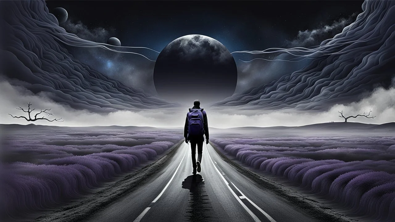 A solitary androgynous figure seen from behind, carrying an oversized heavy dark backpack, walking alone along a long winding road floating on a vast dark sky. Surreal abstract dreamscape, the road curving into endless darkness, abyss, mist, uncertainty and emotional weight, alone caracter, black gray, Dark blue, charcoal and muted purple tones, deep sky, digital art, etheral, atmospheric