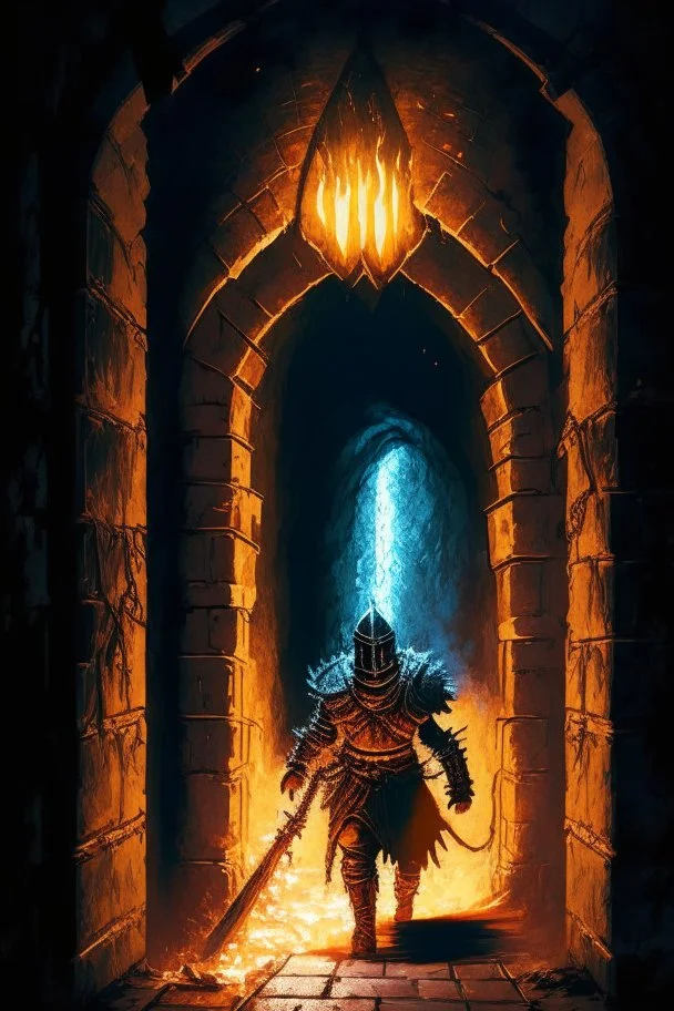 A frightening castle dungeon hallway with an evil knight warrior in rusty chainmail holding a burning torch painterly rpg art