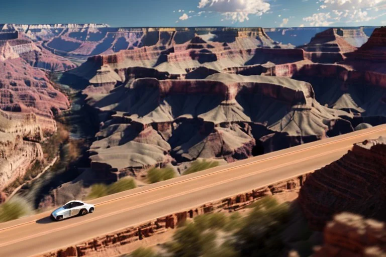 A Tesla 'Semi' (semi truck) is going at a high speed, in the 'Grand Canyon National Park'. (CINEMATIC, WIDE ANGLE LENS, PHOTO REAL)