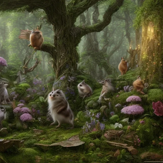 woodland animals around a black-robed, hooded sorcerer in a beautiful forest, trees and flowers, 8k resolution, high-quality, fine-detail, iridescent, intricate, digital art, detailed matte, volumetric lighting, beautiful, illustration, 3D octane render, margaret weiss, brian froud, howard lyon, selina french, anna dittmann, annie stokes, lisa parker, greg rutowski,