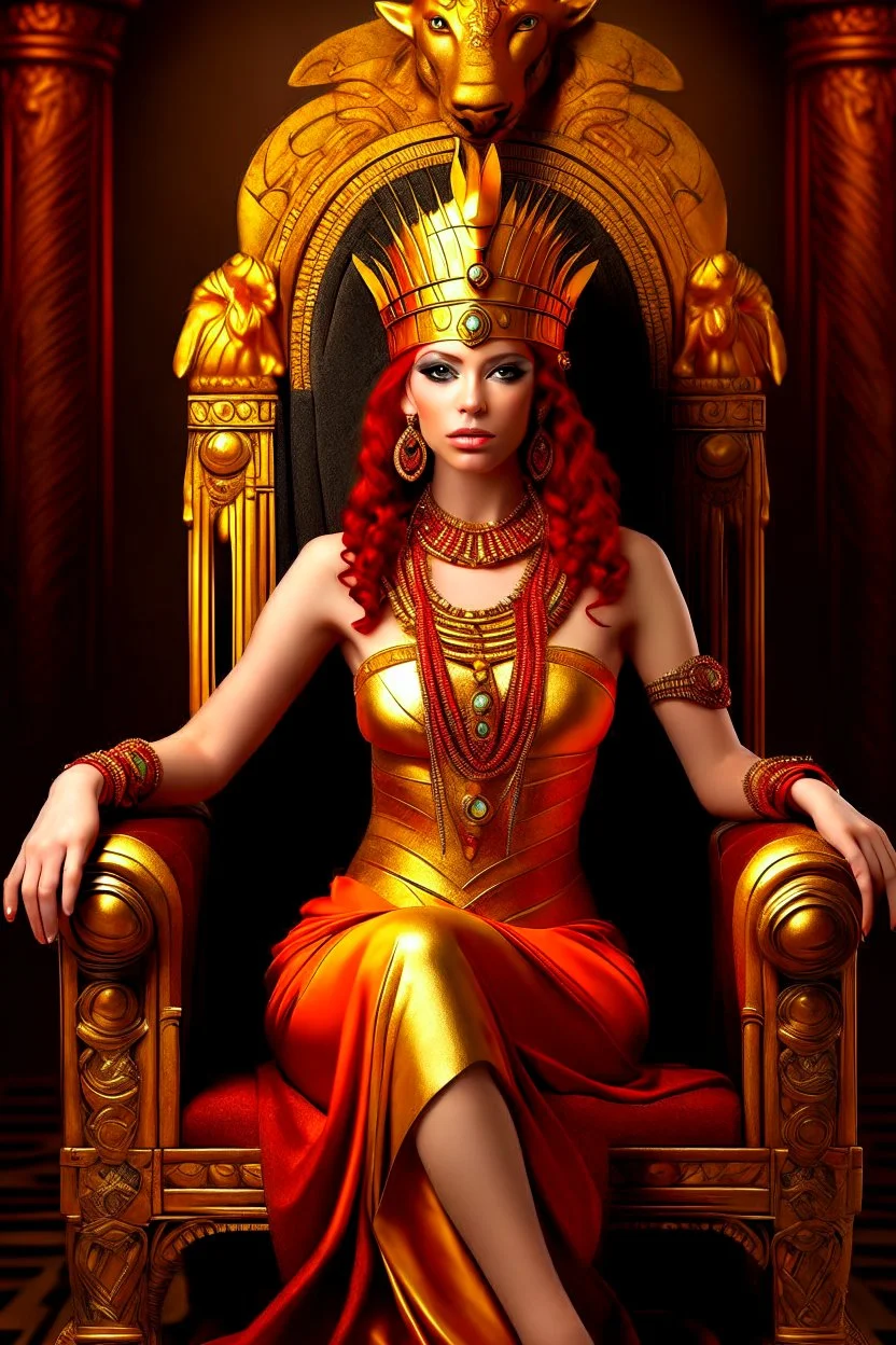 A mature Egyptian goddess with red hair and amber eyes, wearing a red silk gown and a necklace of scarabs. She is sitting on a throne made of gold, carved with the head of a wise and ancient dragon