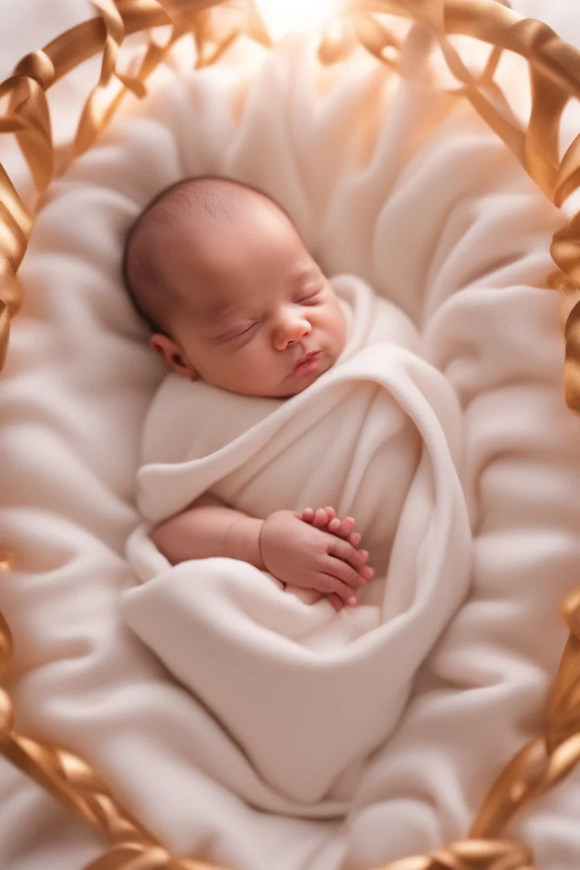 Ultra realistic 4k detailed A newborn baby sleeping peacefully in a soft, white blanket, surrounded by a warm, golden light. . 64k, hyper quality, dynamic lighting