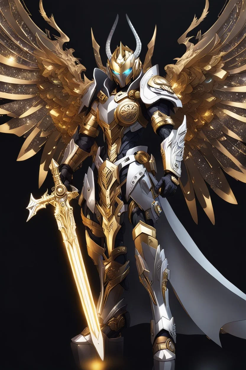 Full bodyMonster with Multiarms, hoodie, cover face, crystal sword, crystals arm, galaxy face, solo leveling shadow artstyle , high details, intricate details, highly detailed Man Angel cyborg straddle wings, using traditional armor,detailed, intricate,gears cogs cables wires circuits, gold silver chrome copper