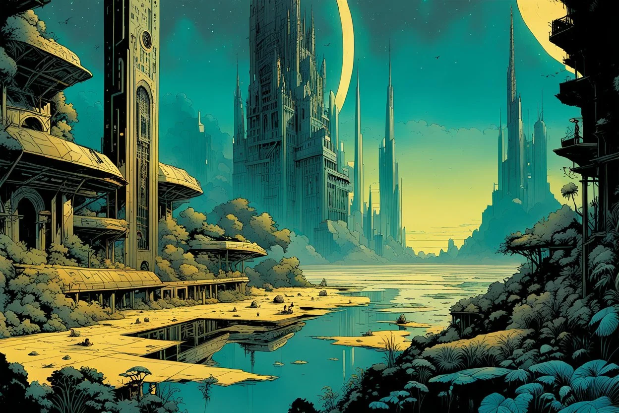 create an ethereal, otherworldly ancient alien city set in a landscape populated with plants and lifeforms utilizing sacred geometry, Fibonacci sequence, golden ratio, in the comic book art style of Mike Mignola, Bill Sienkiewicz, and Jean Giraud Moebius, with highly detailed and finely inked , dramatic natural lighting