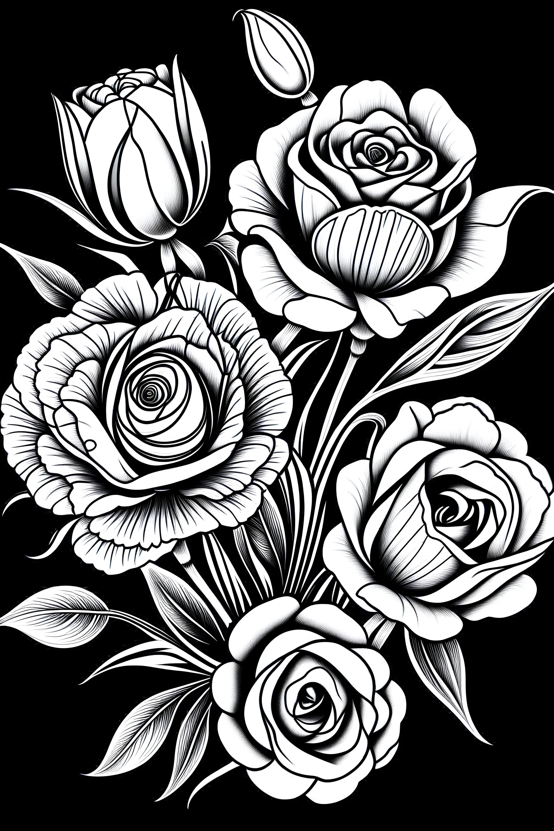 Create a black and white image of roses and tulips with a white background. This image is intended to be colored in by an adult, so use the colors black and white accordingly
