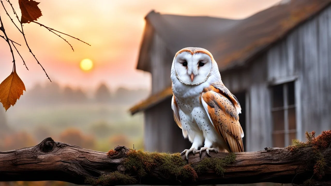 close up a barn owl sitting on a tree branch and looks into the poor village room through the window, mystic fog, autumn, rain, little light, sunset, high detailed, sharp focuses, photorealistic, perspective, cinematic, dramatic vibe