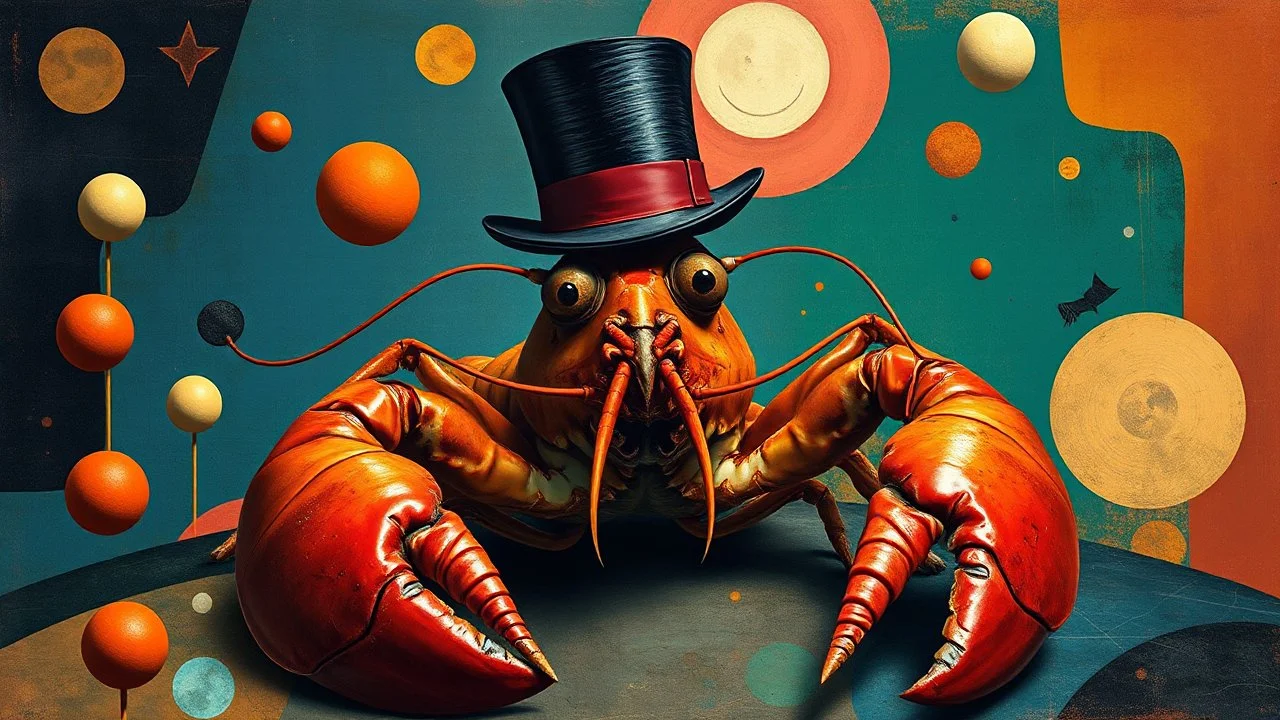 Surreal Dadaist art piece, featuring a lobster wearing a top hat and monocle, surrounded by abstract shapes and colors, inspired by Salvador Dali and Rene Magritte, (long shot), vibrant colors, digital collage.