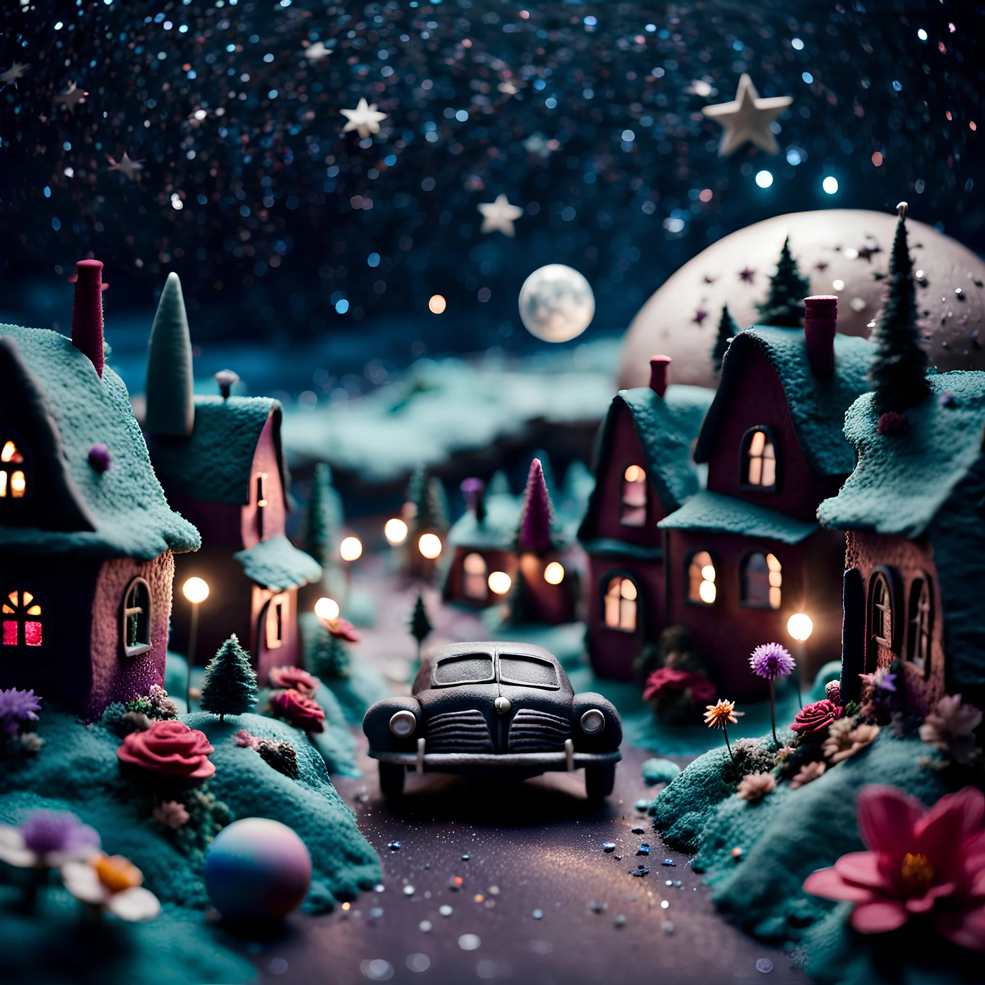 Detailed people, street made of modeling clay and felt, cars, village, stars, galaxy and fog, planets, moon, volumetric light flowers, naïve, strong texture, extreme detail, Yves Tanguy, decal, rich moody colors, sparkles, Harry Potter, bokeh, odd, shot on Ilford