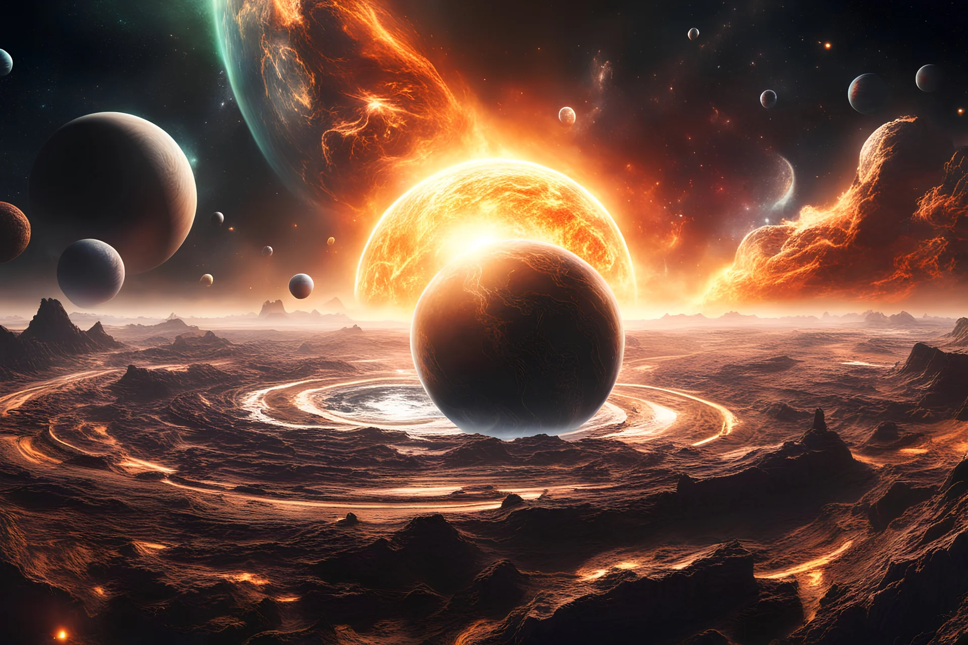 create a wildly imaginative otherworldly, chaotic birth of a planet , controlled by an infinite alien intelligence, highly detailed, digital composite, 8k,