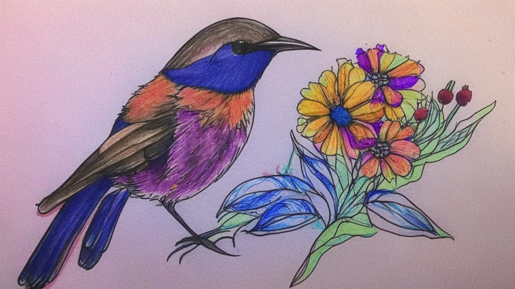 A drawing of a bird and a flower made with alcohol markers.