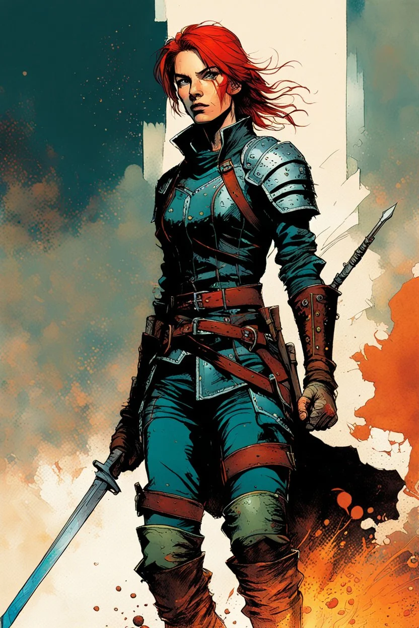 create an imaginative full body print illustration of an ethereal, otherworldly , female grandmaster Witcher with short cropped auburn hair in a tattered battle worn leather brigandine and boots , in the comic book art style of Bill Sienkiewicz, Mike Mignola, and Jean Giraud Moebius, with highly detailed feminine facial features , finely drawn, colored and inked,