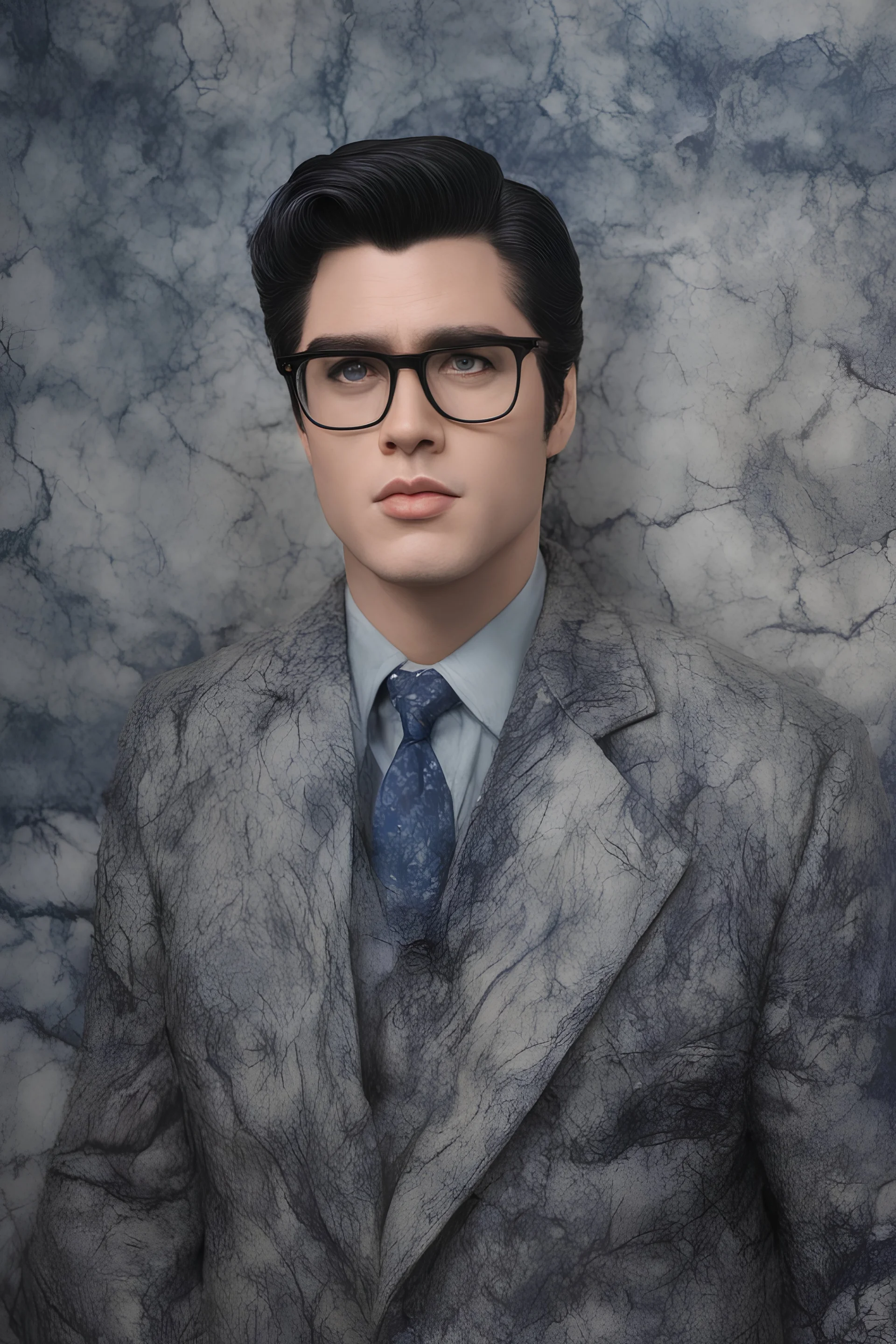 Elvis Presley as Clark Kent, 4k UHD, photorealistic, ((big, full, plump, pouty lips:1.5)) black hair, big cat-eye eyeglasses, dark blue foggy gradated marble wall background, extremely detailed skin texture,