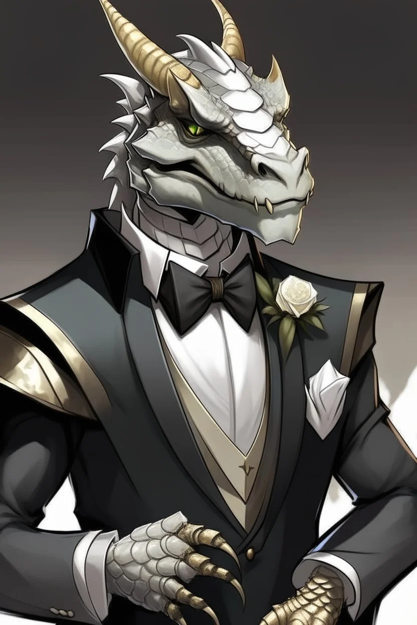 A silver Dragonborn from dnd wearing a tuxedo