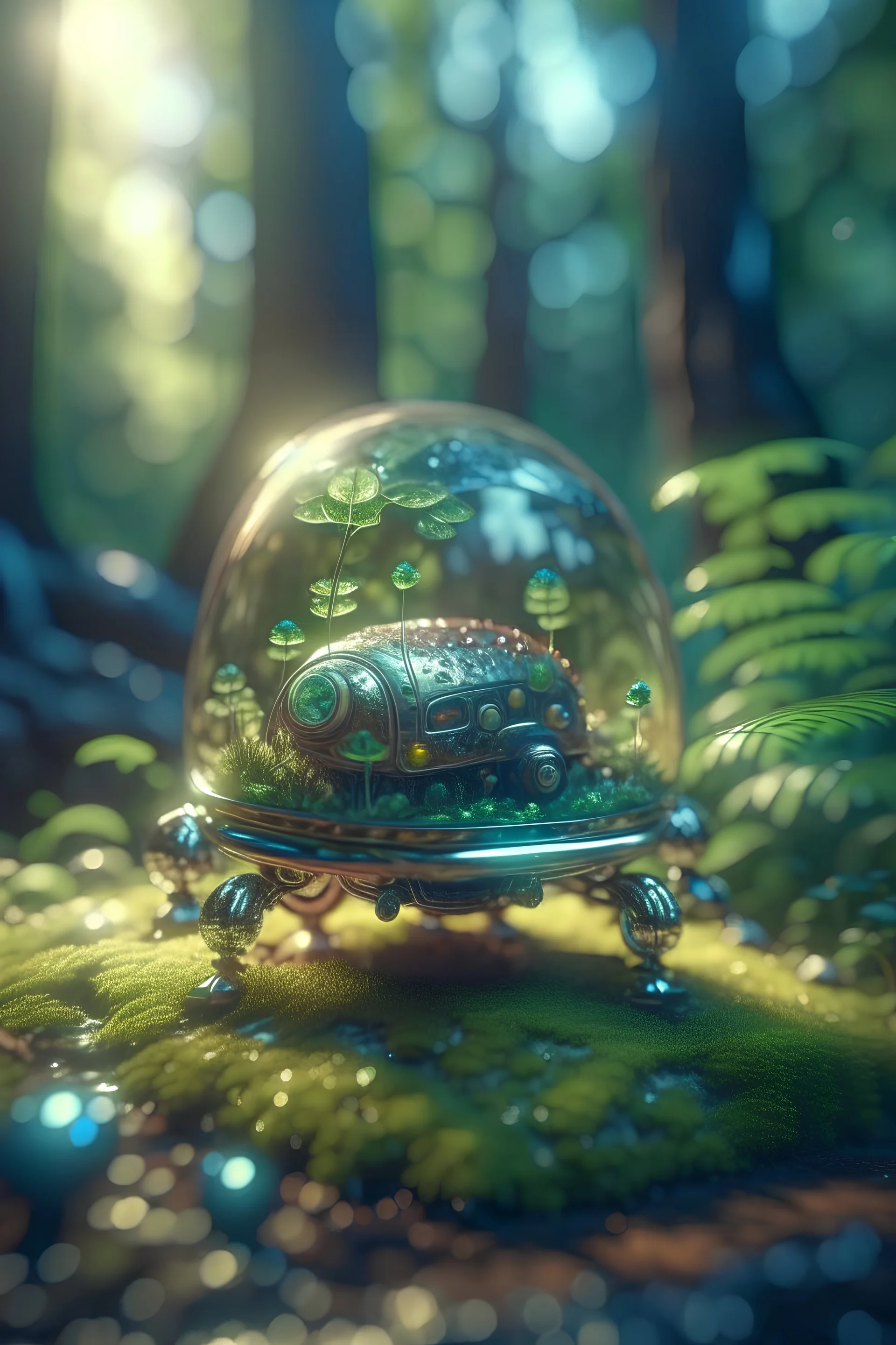 picture of a magical forest sparkling with light,cute chat robot inside transparent egg that is driving a car,shot on Hasselblad h6d-400c, zeiss prime lens, bokeh like f/0.8, tilt-shift lens 8k, high detail, smooth render, down-light, unreal engine, prize winning