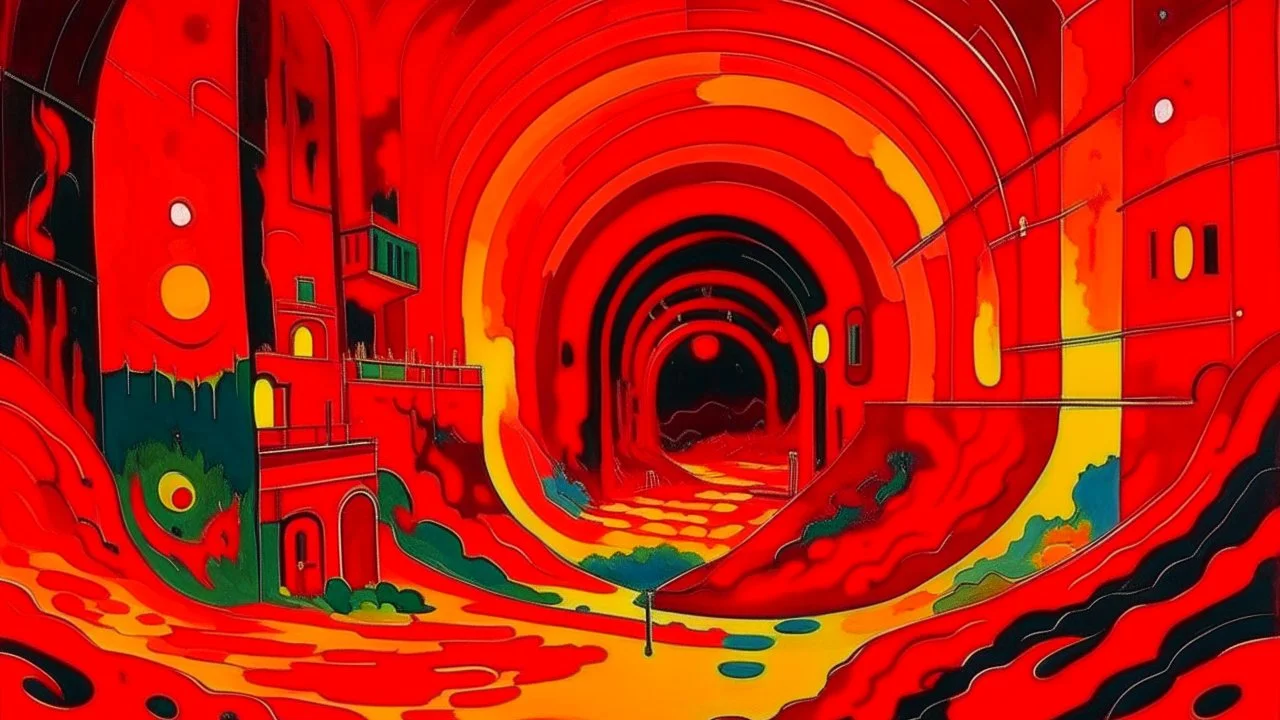 A red underground lair with a red fiery pit painted by Wassily Kandinsky