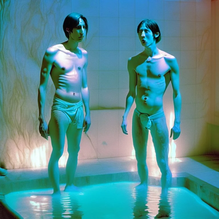 Justin long and his mus boyfriend are standing above thier pool showered spa heater while in tight loincloths and Nickolas is flexing there muscles while illuminated by the ambient teal glowing on the glowing marbled floor made of long flat marble slabs, the ground next to the clinical yard is in the style of primitive art. metalworking mastery, fawncore, the immaculately composed quality of this photo shows the artist was taken with provia, detailed wildlife, isaac grünewald, rustic simplicity