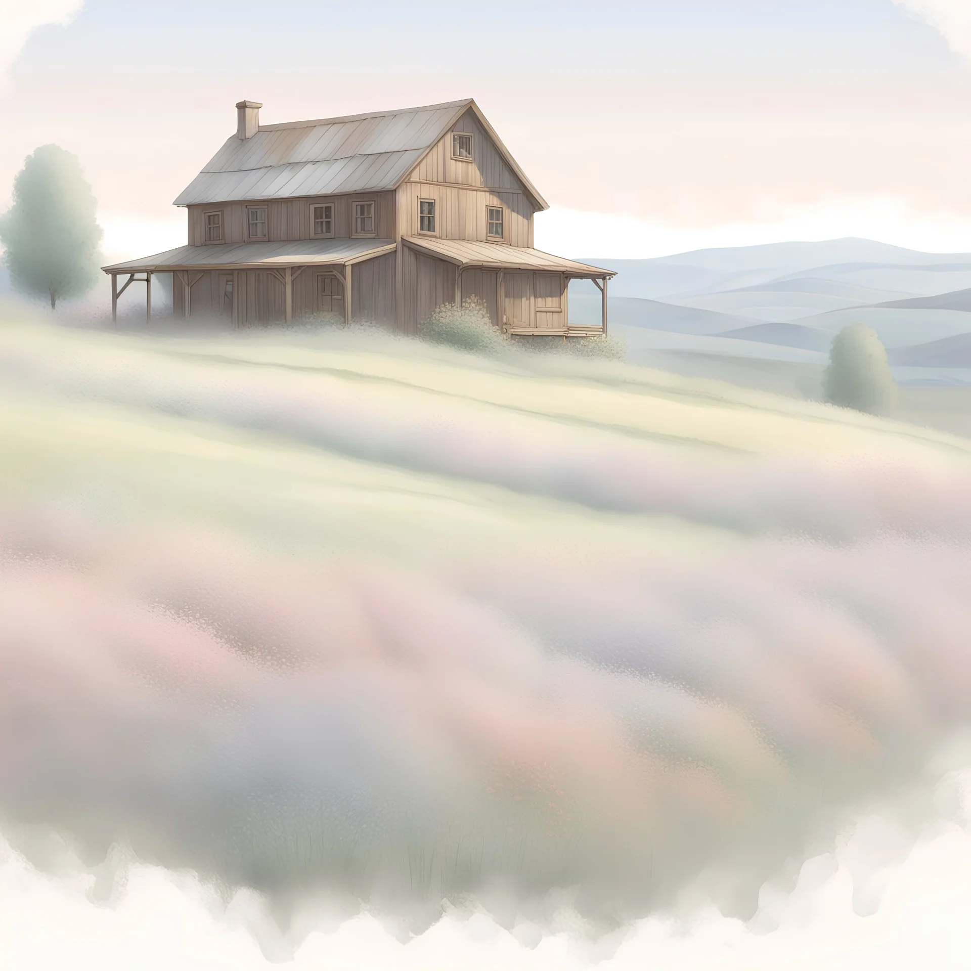 Render a pastel drawing-style still life of a rustic countryside scene featuring a wooden farmhouse surrounded by blooming wildflowers and rolling hills. The colors should be soft and muted, with delicate, blended tones and gentle highlights.